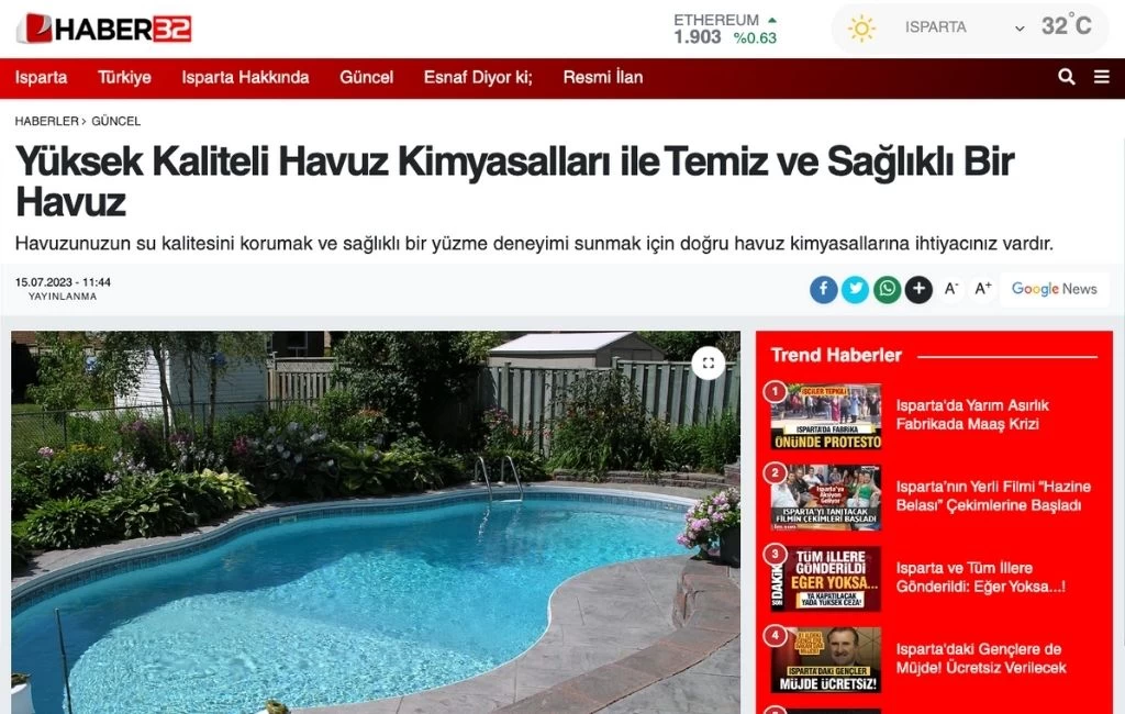 Yüksek Kaliteli Kimyasallar Havuz Yapımı